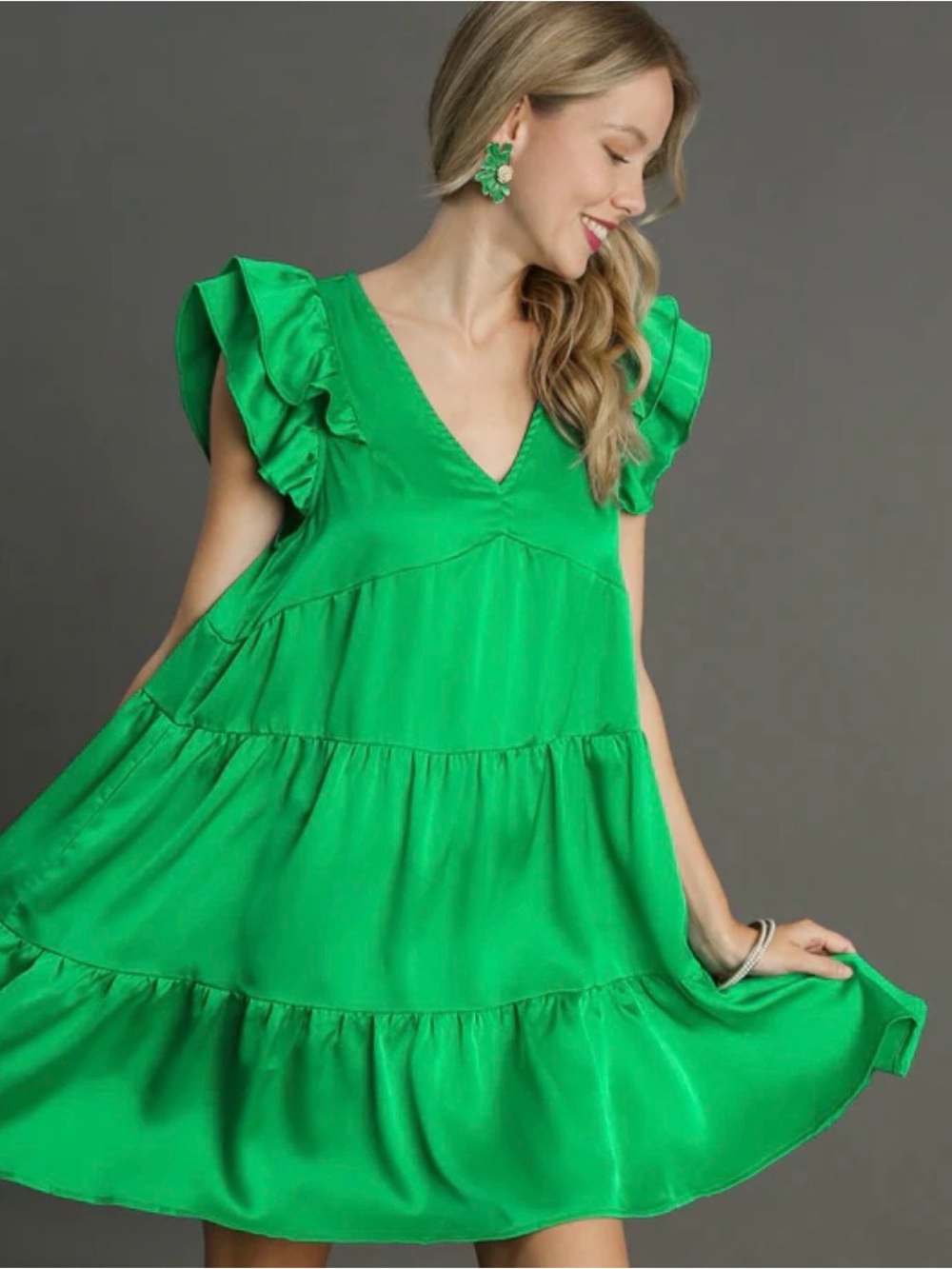 Umgee Tiered Ruffle Sleeve Babydoll Mini Dress XL Green NWT - Picture 2 of 9